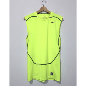 Nike Pro Combat Dri Fit Mens Tank Top L Neon Yellow Sleeverss Crew Neck Logo